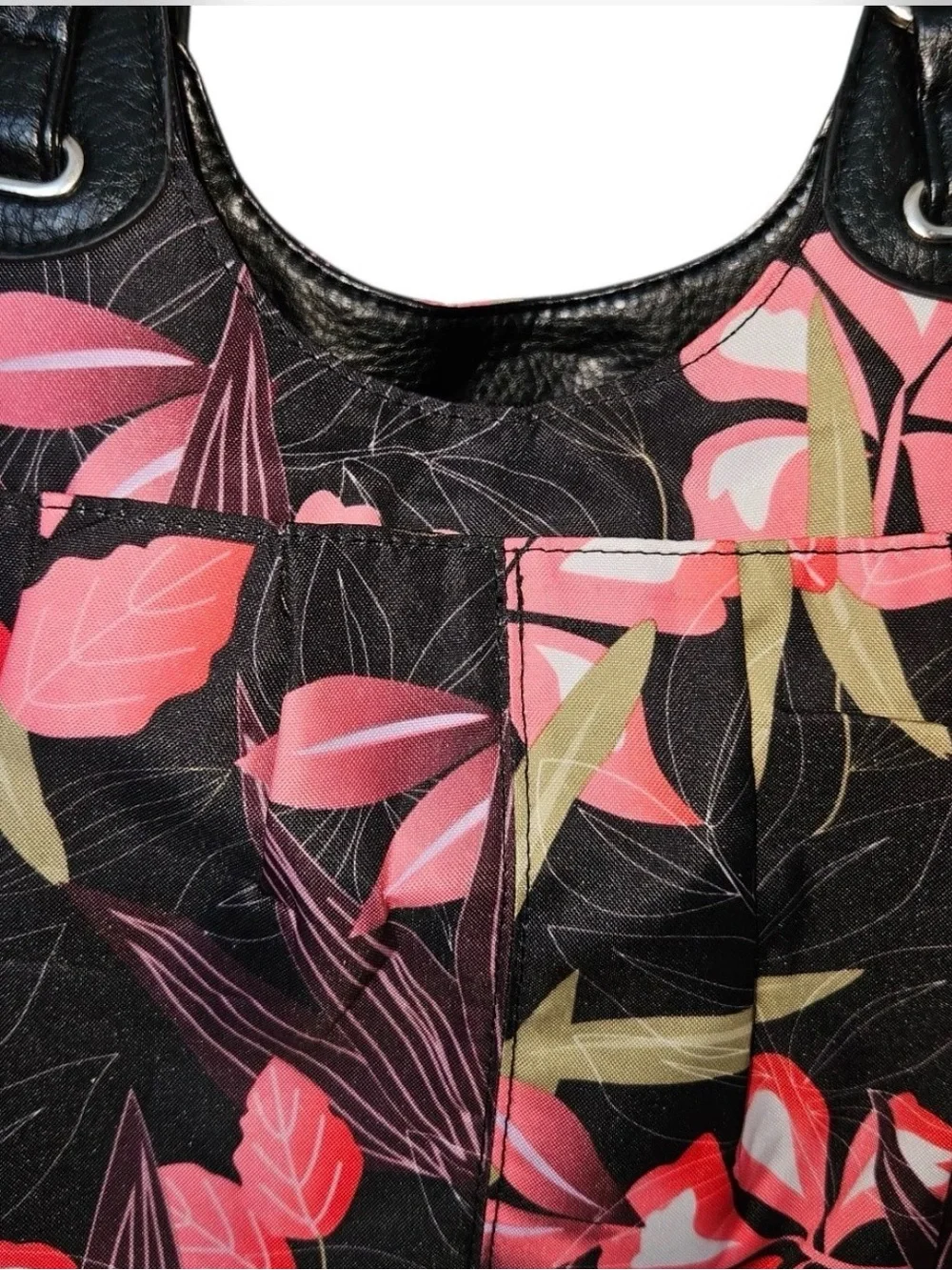 Black Floral Shoulder Bag with Pink Accents